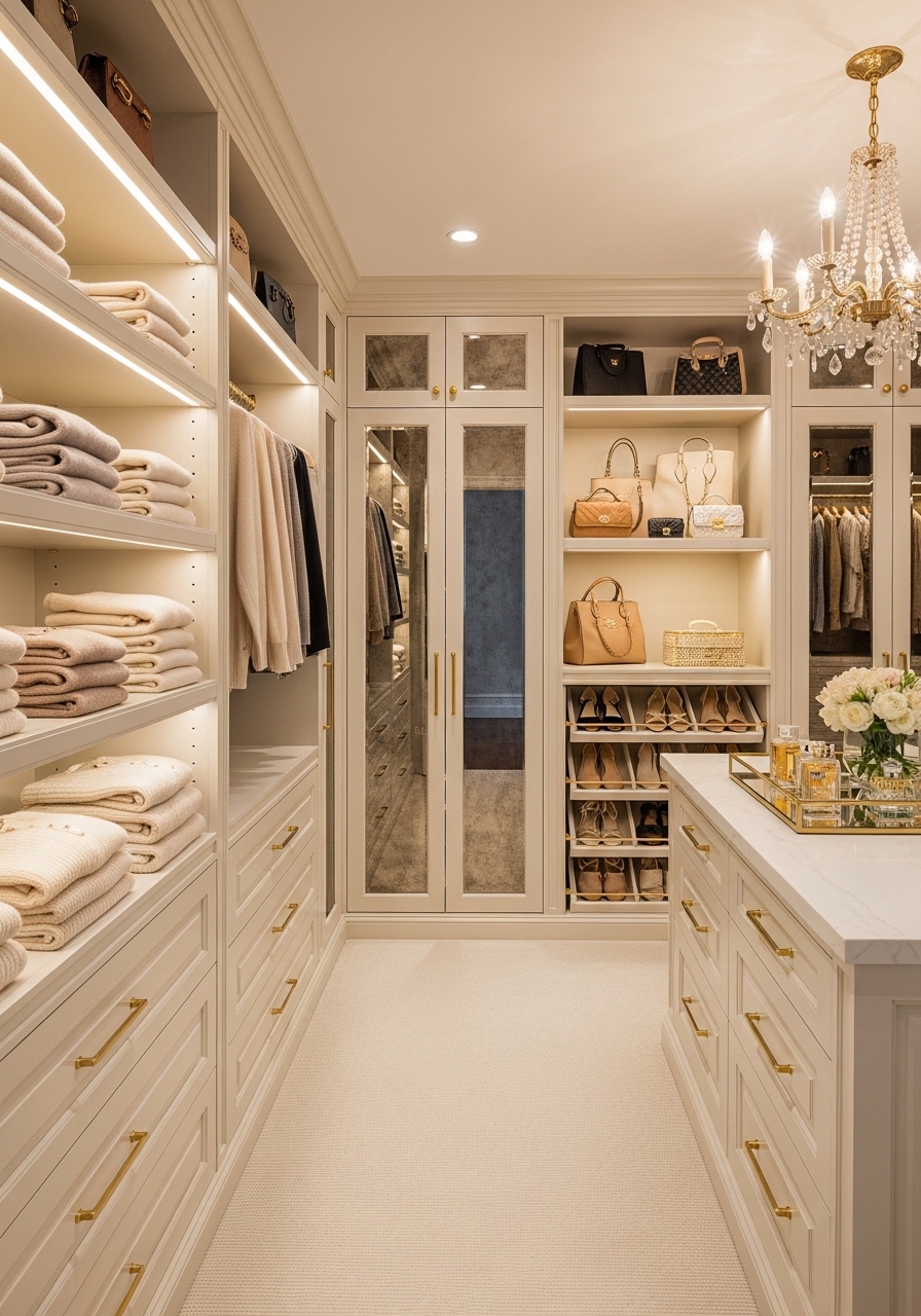 Timeless Cream and Gold Closet With Boutique Styling
