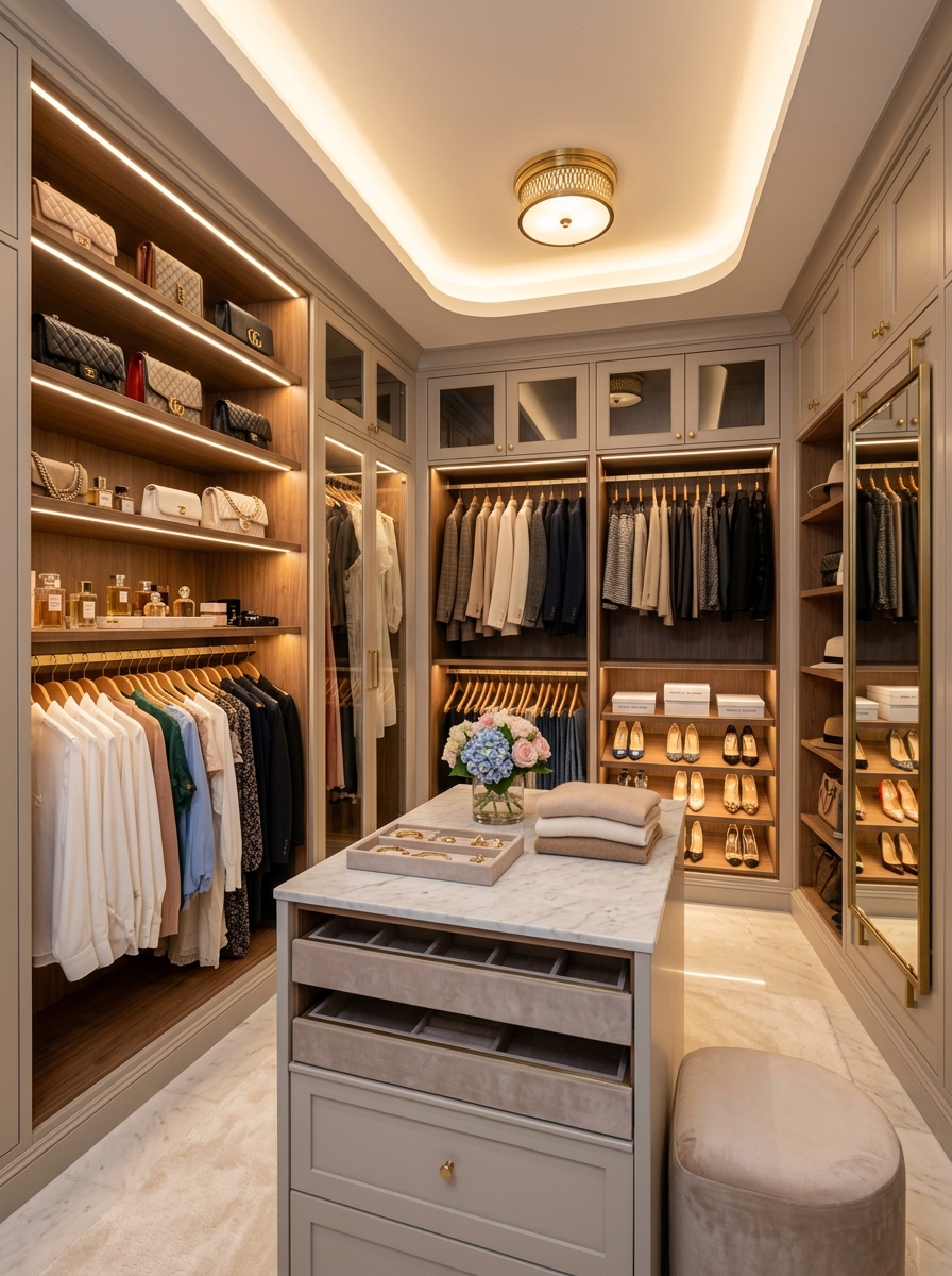 Soft Feminine Closet with Accent Lighting Layers