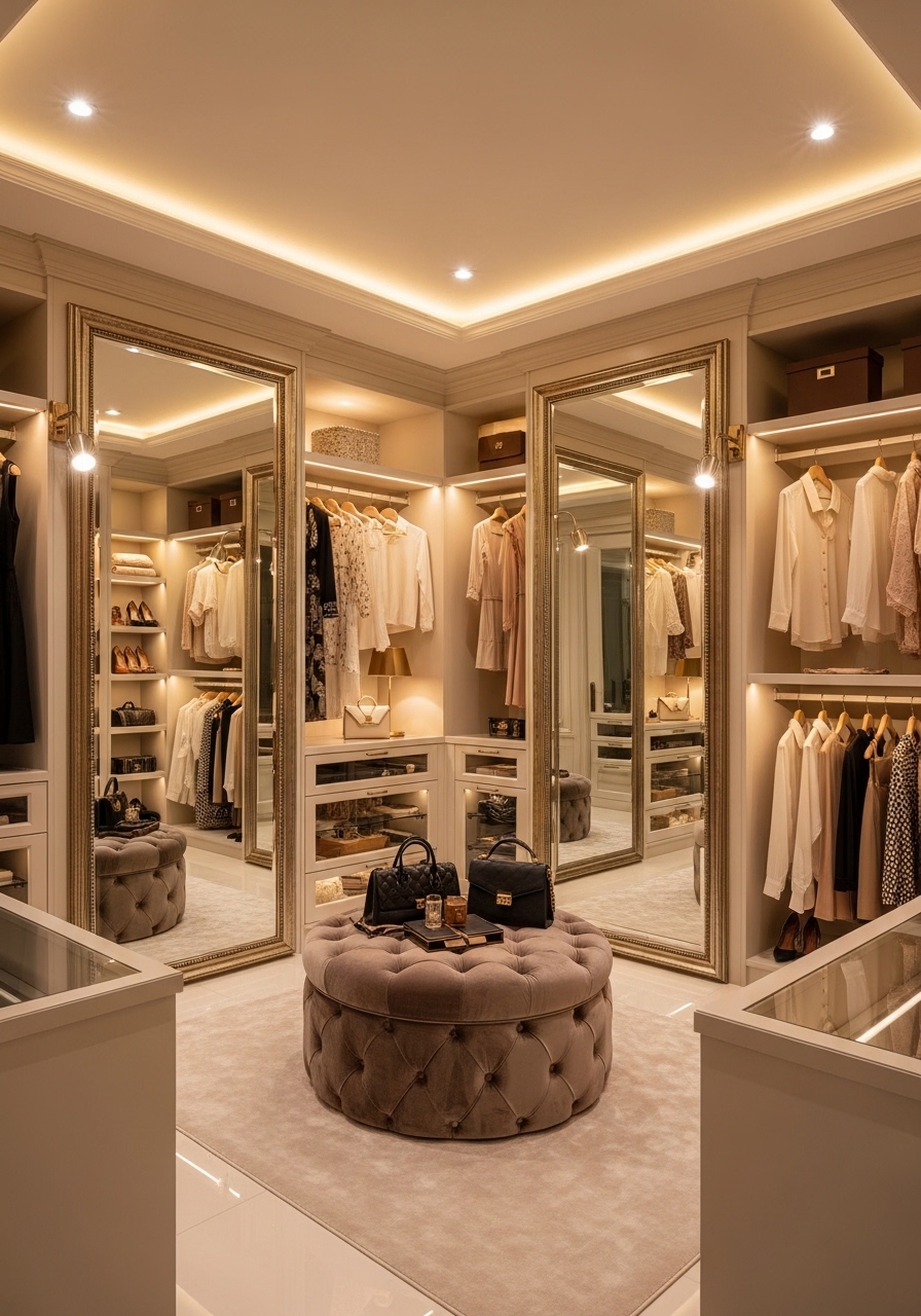 Luxury Closet With Floor-Length Mirrors and Soft Layered Lighting