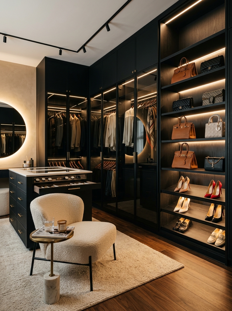 Luxe Black and Beige Closet With Dramatic Mood Lighting