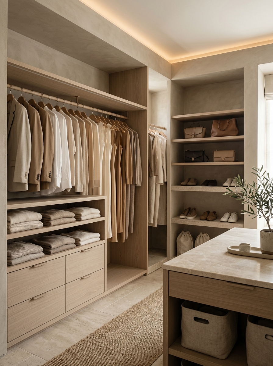 High-End Monochrome Neutral Closet with Layered Textures