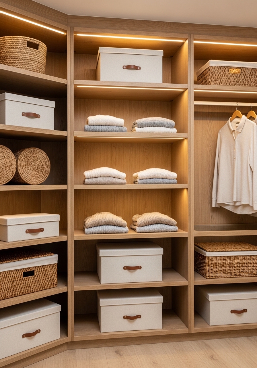 Refined Open Shelving With Matching Storage Boxes