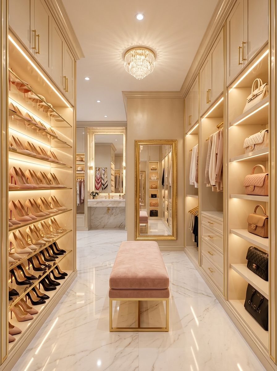 Boutique-Style Closet With Illuminated Shoe Displays