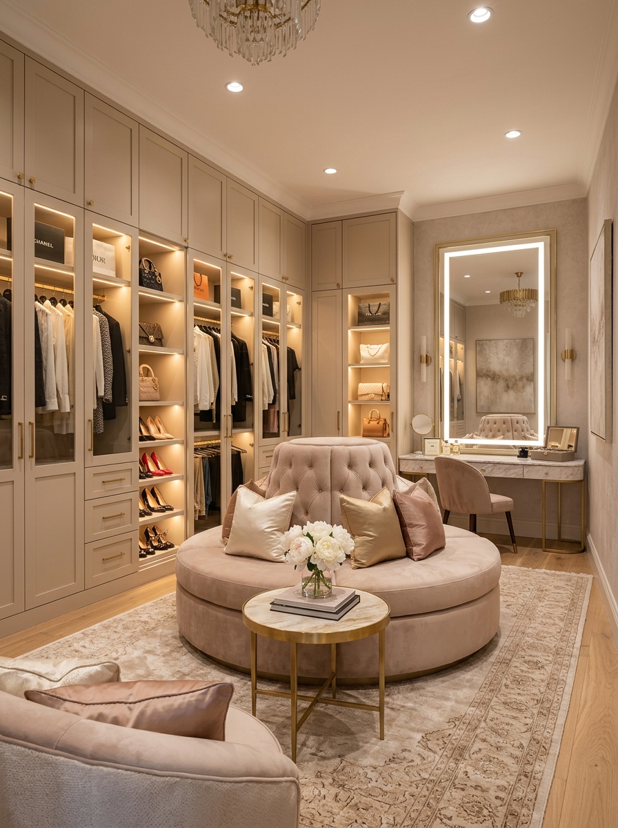 Soft Luxury Closet with Integrated Seating Lounge