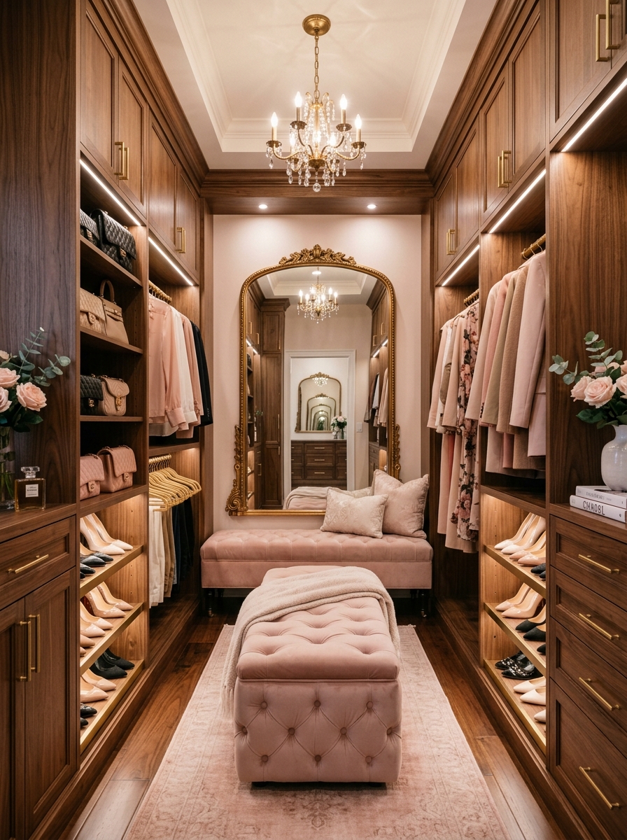 Elegant Blush and Wood Closet with Feminine Charm