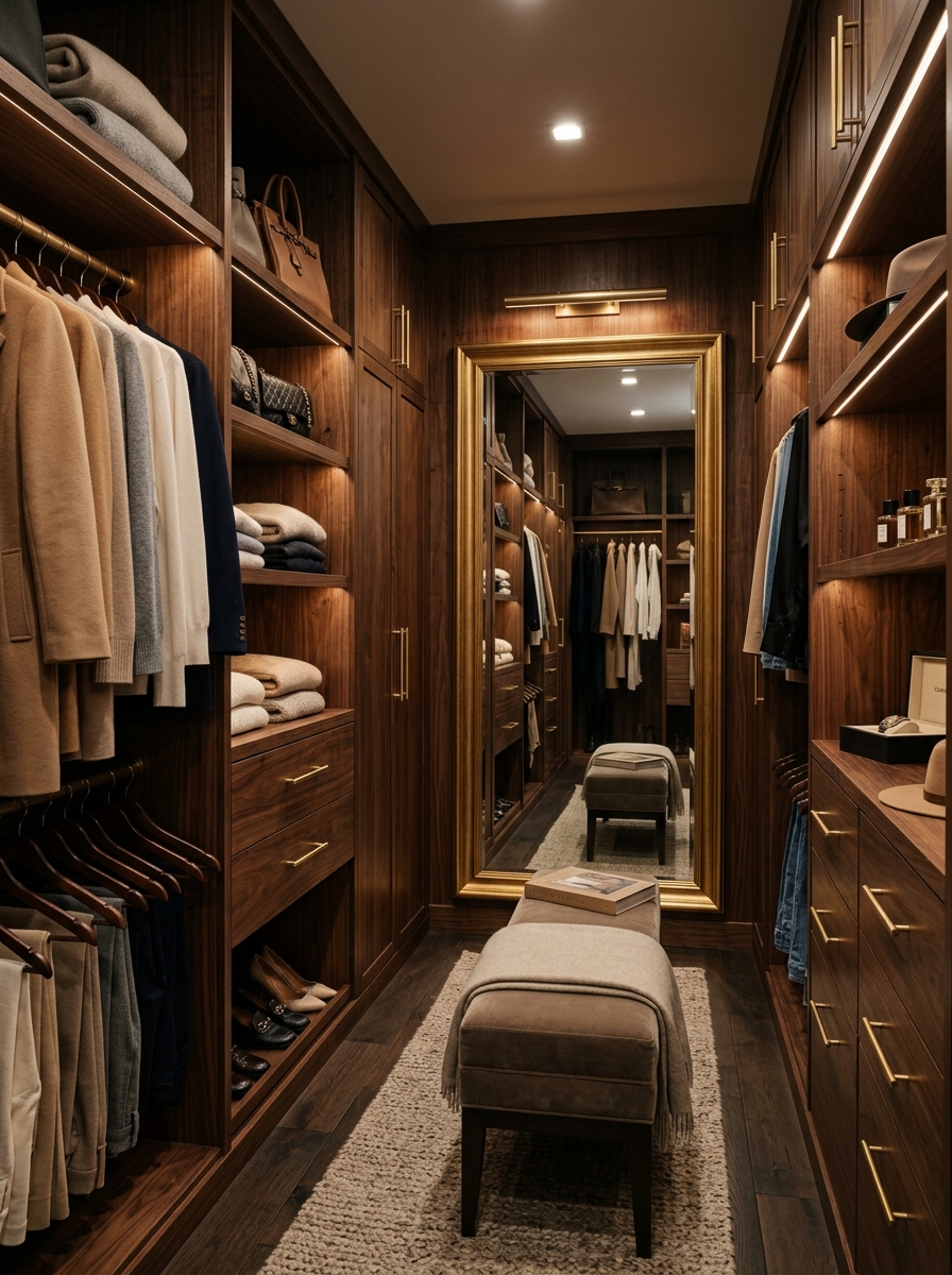 Warm Walnut Glam Closet with Gold Accents