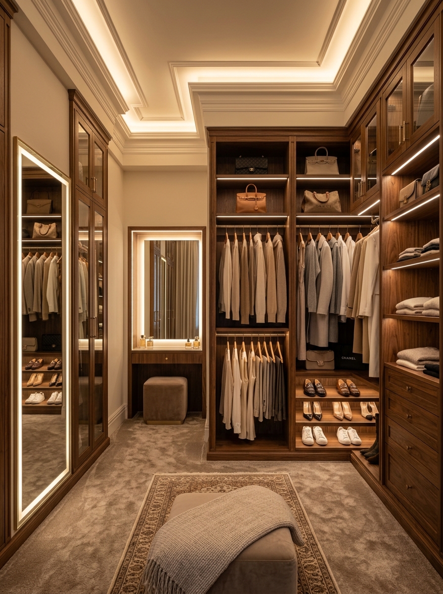 Luxe Neutral Dressing Room with Ambient Cove Lighting