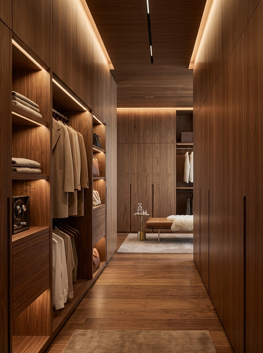 Neutral Closet with Floor-to-Ceiling Wood Paneling