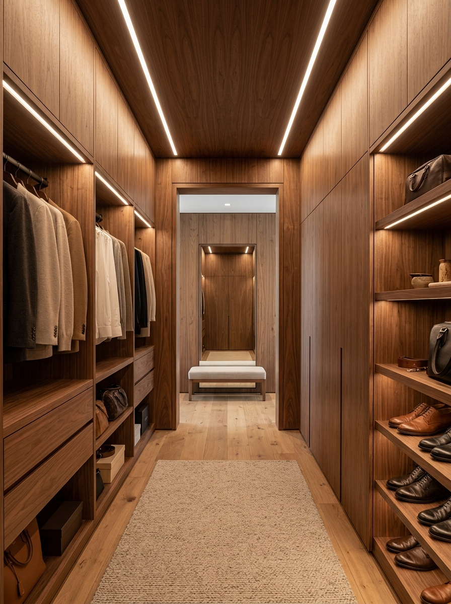 Neutral Closet with Floor-to-Ceiling Wood Paneling