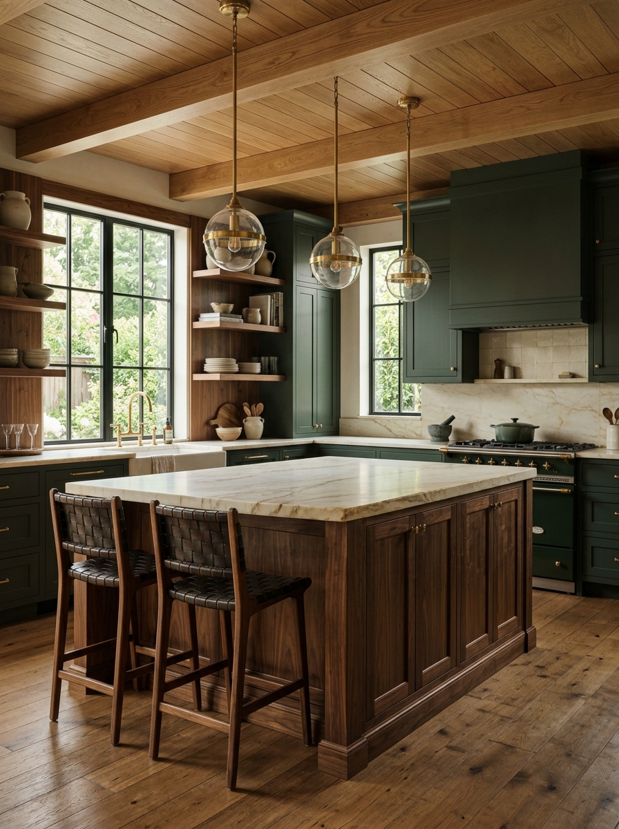 Dark Green Kitchen With Rich Walnut Wood Details