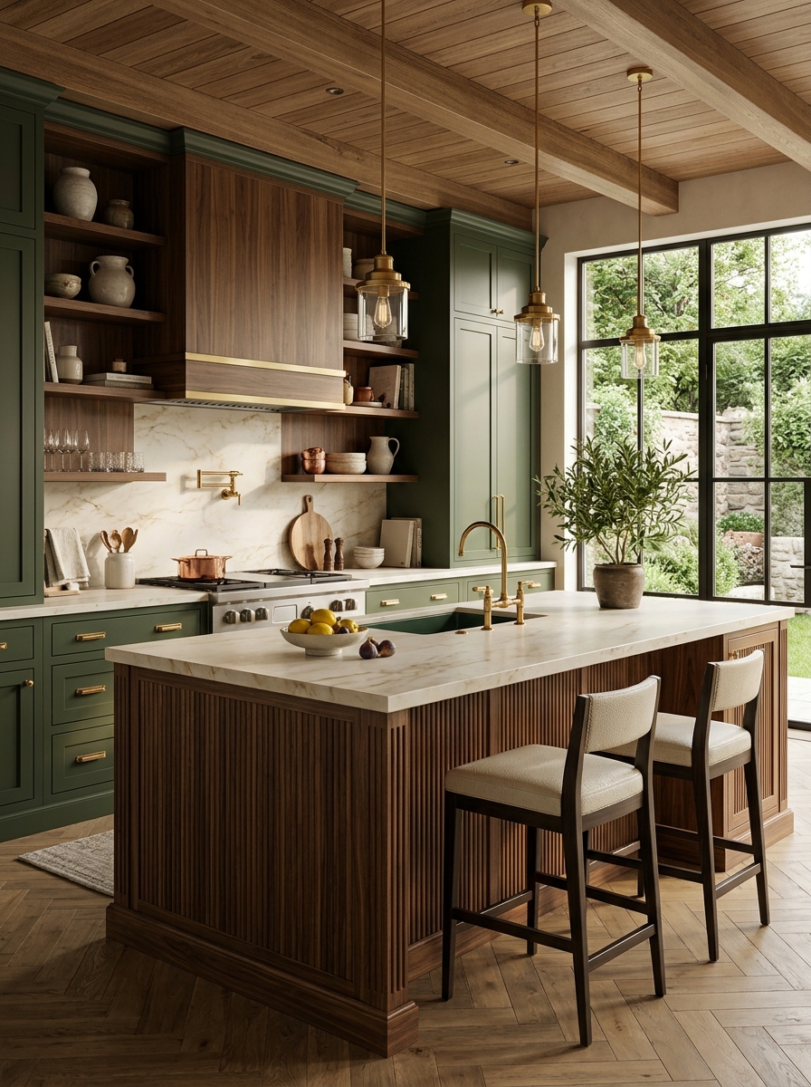 Dark Green Kitchen With Rich Walnut Wood Details