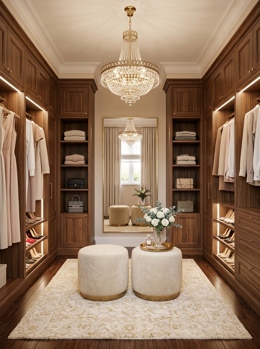 Luxe Dressing Room Closet with Symmetrical Seating