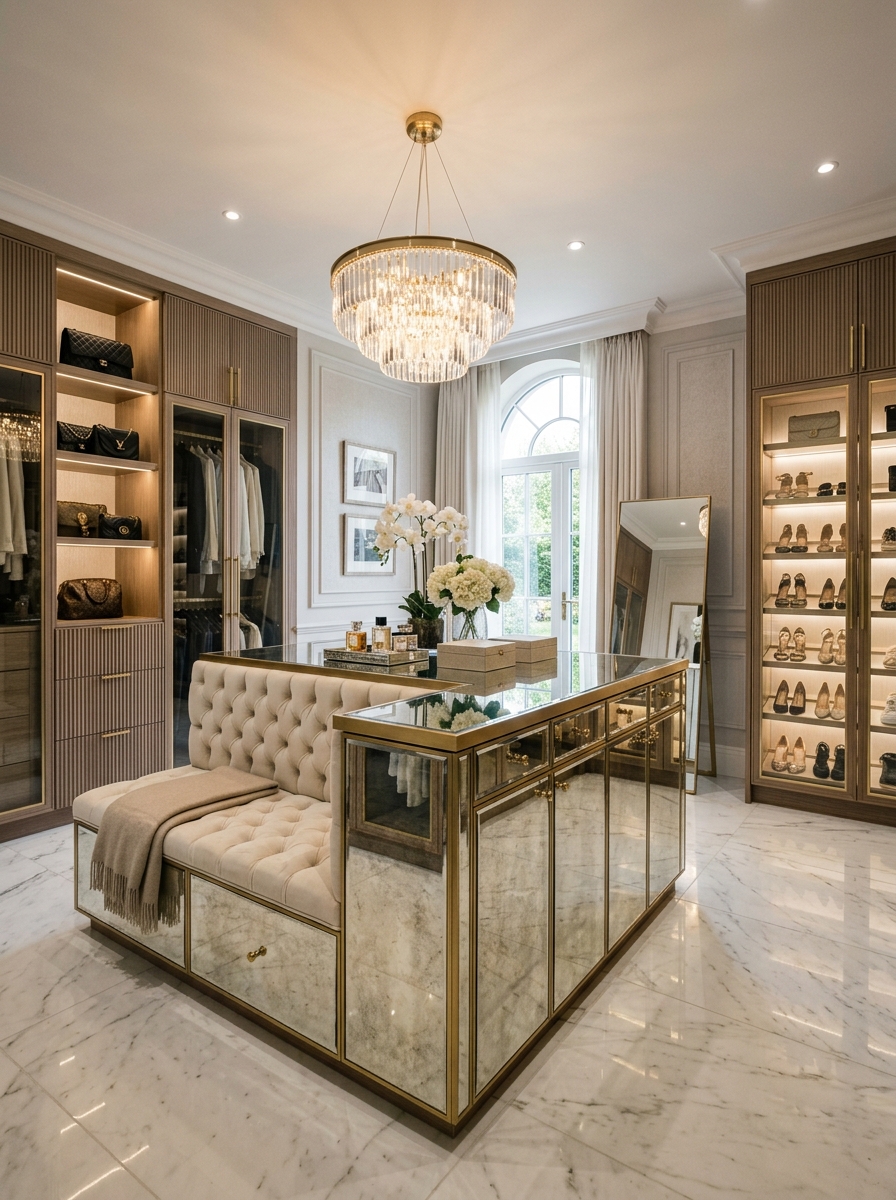 Mirrored Island Seating Closet Design