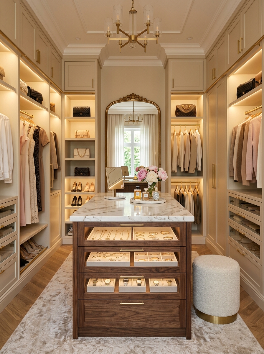 Luxury Neutral Closet with Center Island Dressing Table
