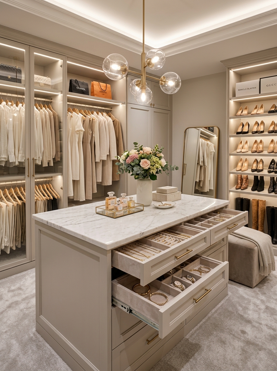 Luxury Closet With a Marble Island and Hidden Storage