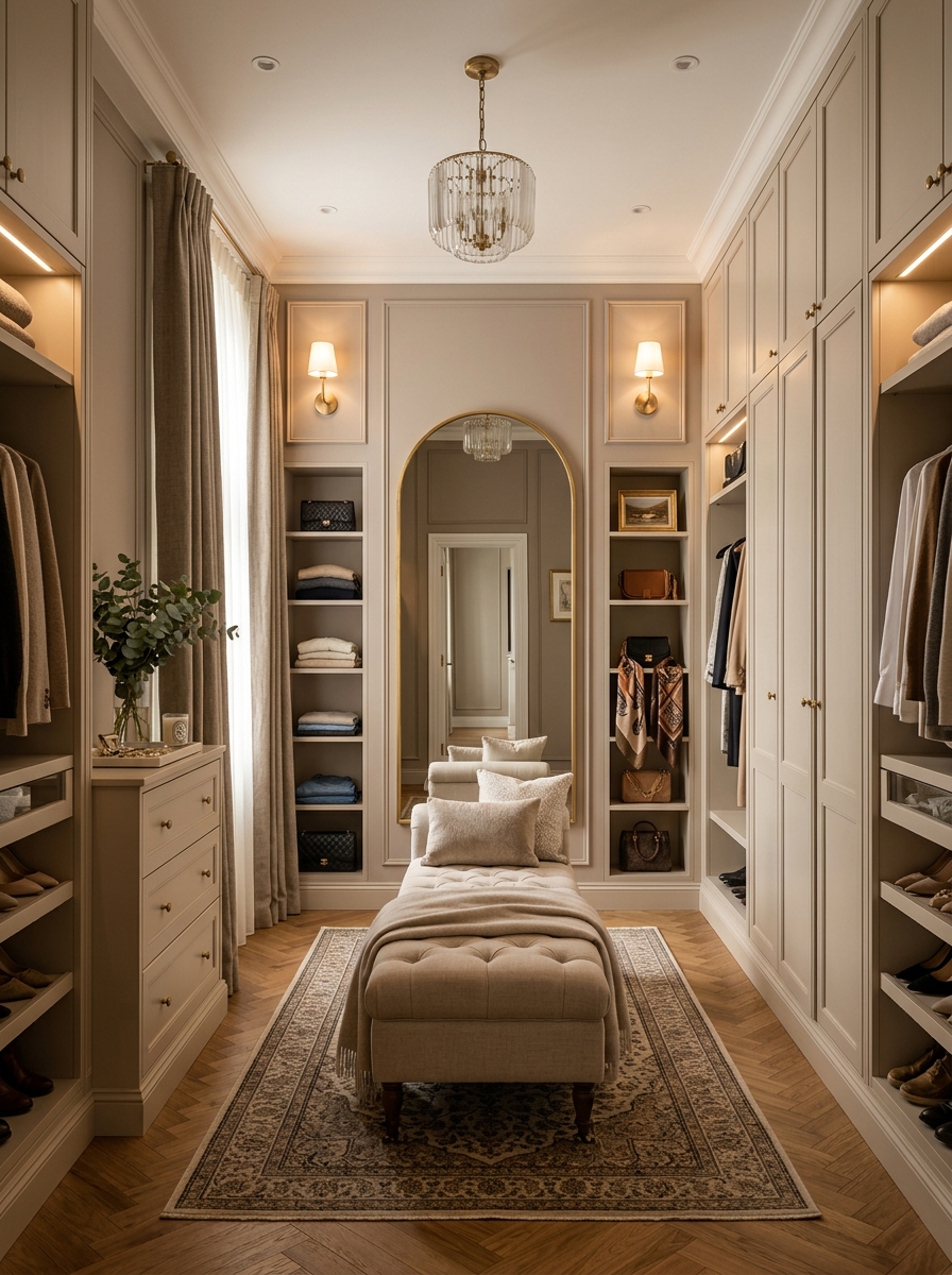 Soft Beige Dressing Room with Hotel-Inspired Elegance