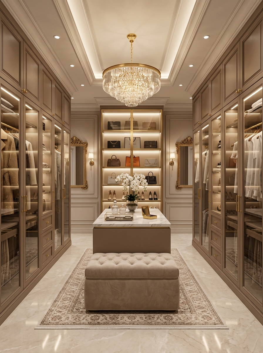 Hotel-Inspired Dressing Room with Velvet Seating
