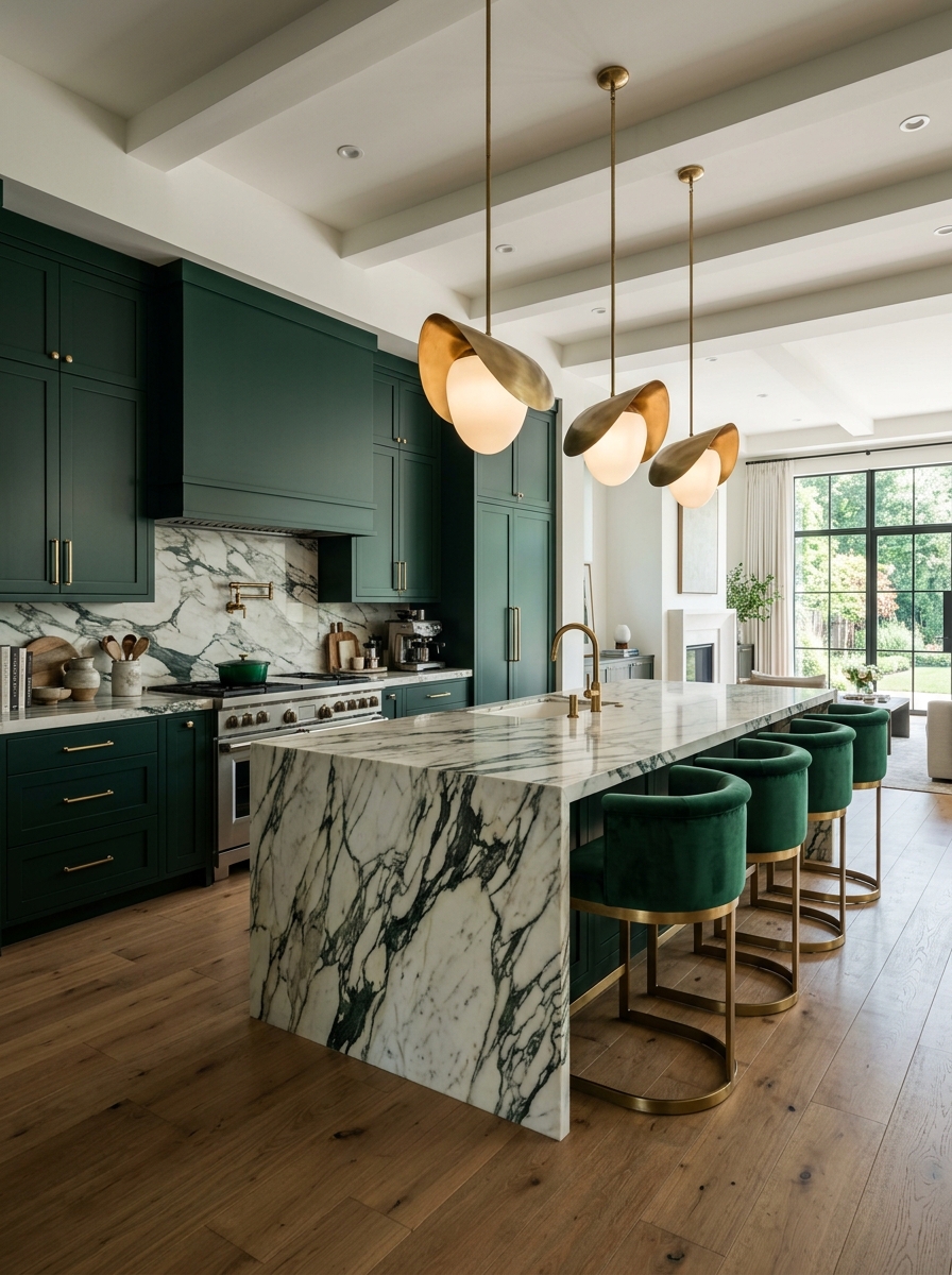 Dramatic Dark Green Kitchen With Statement Marble Island