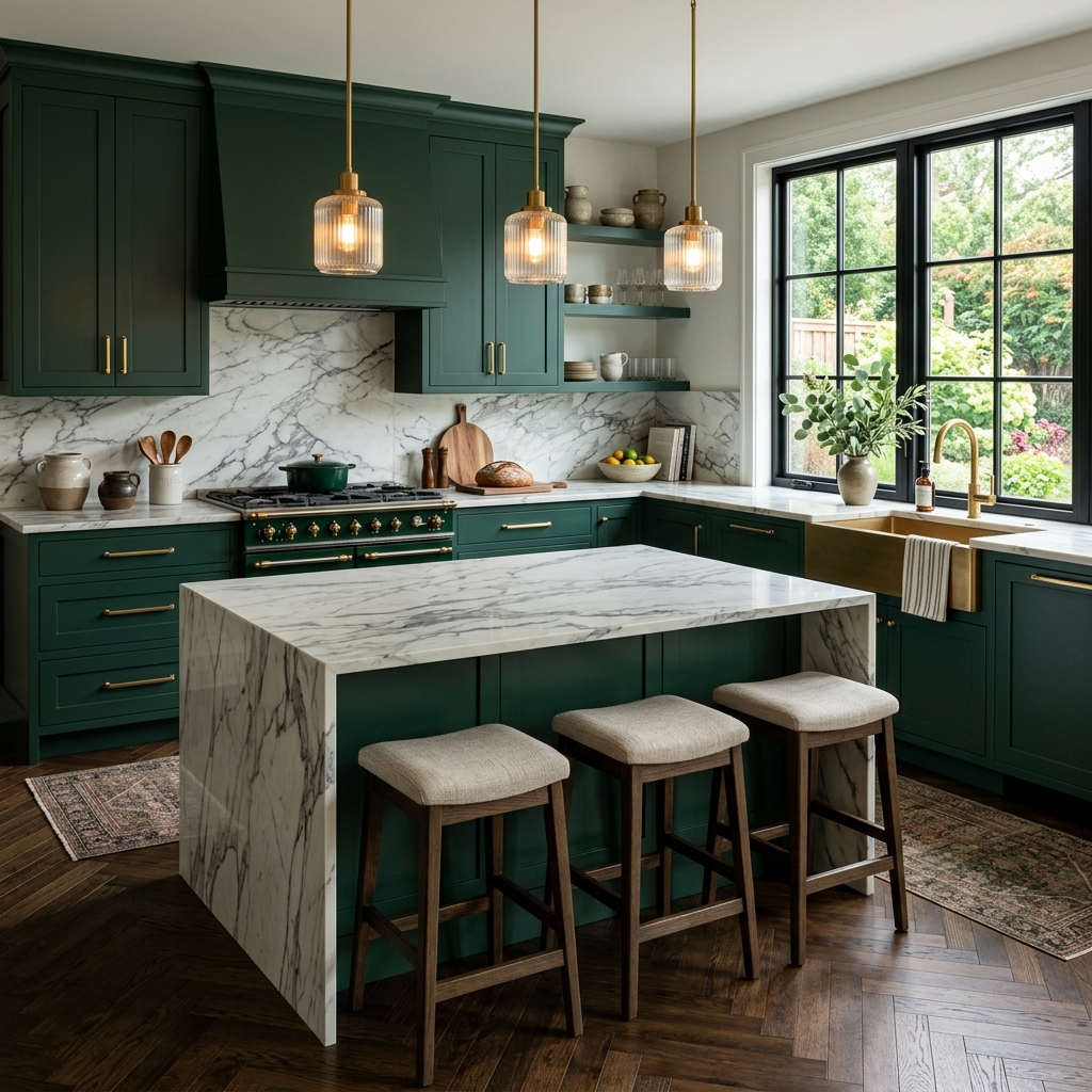 Emerald Green Cabinets With White Marble Elegance
