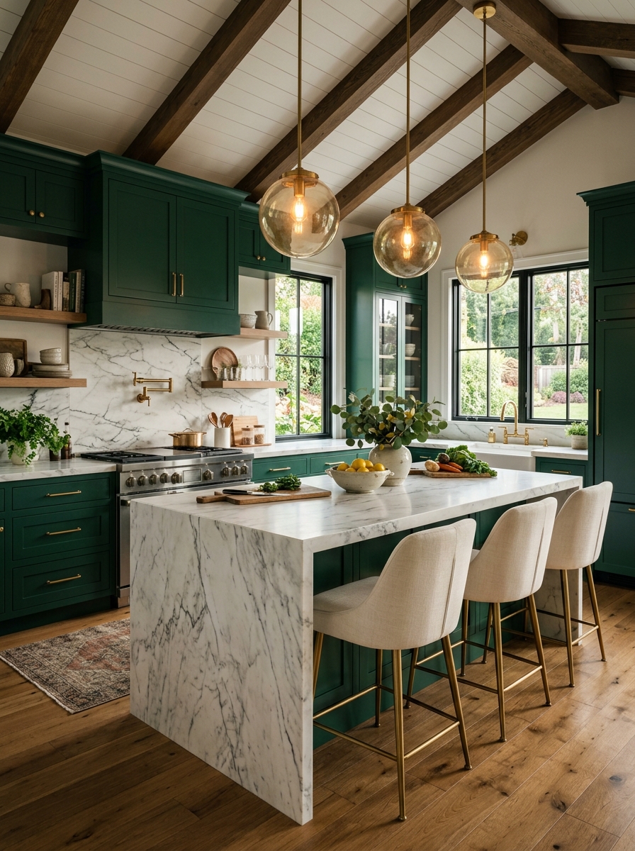 Emerald Green Cabinets With White Marble Elegance