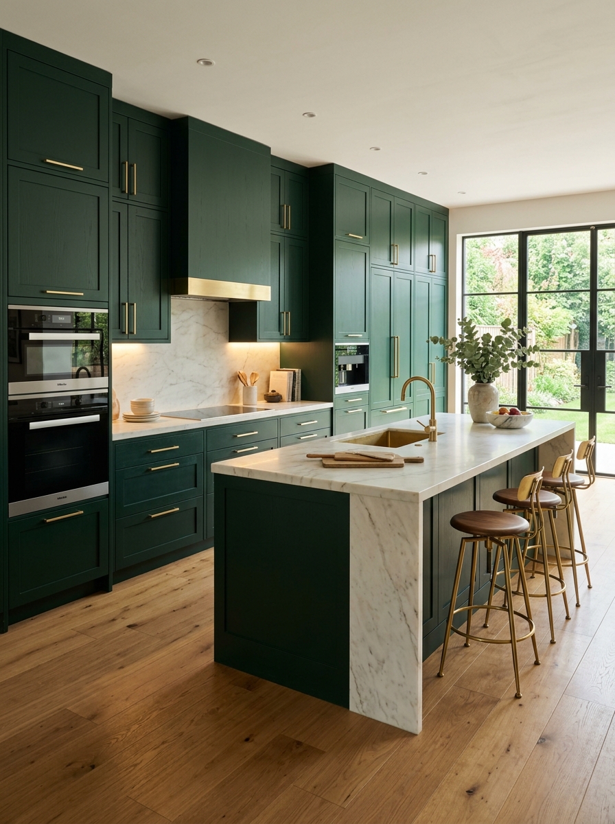 Dark Green Kitchen With Floor-to-Ceiling Cabinets