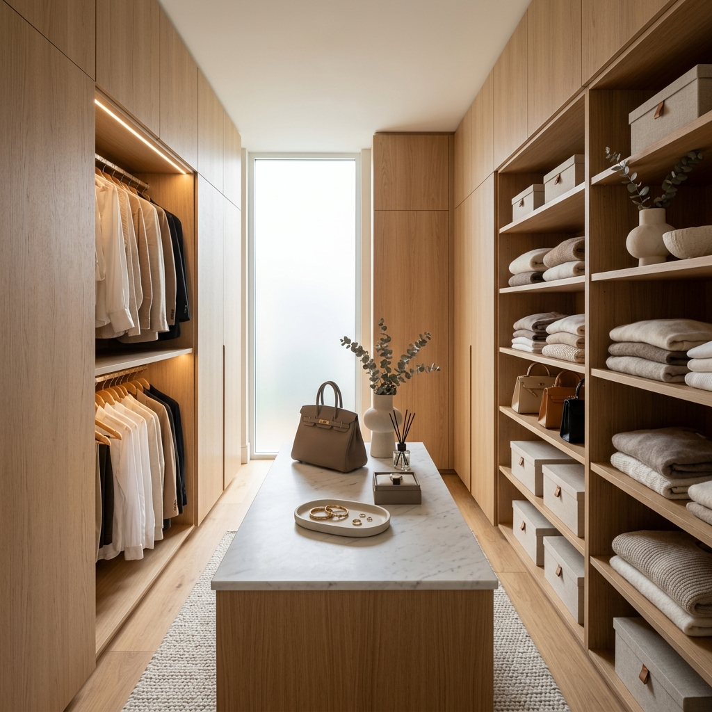 18 Minimalist Closet Design with Soft Neutral & Wood Harmony