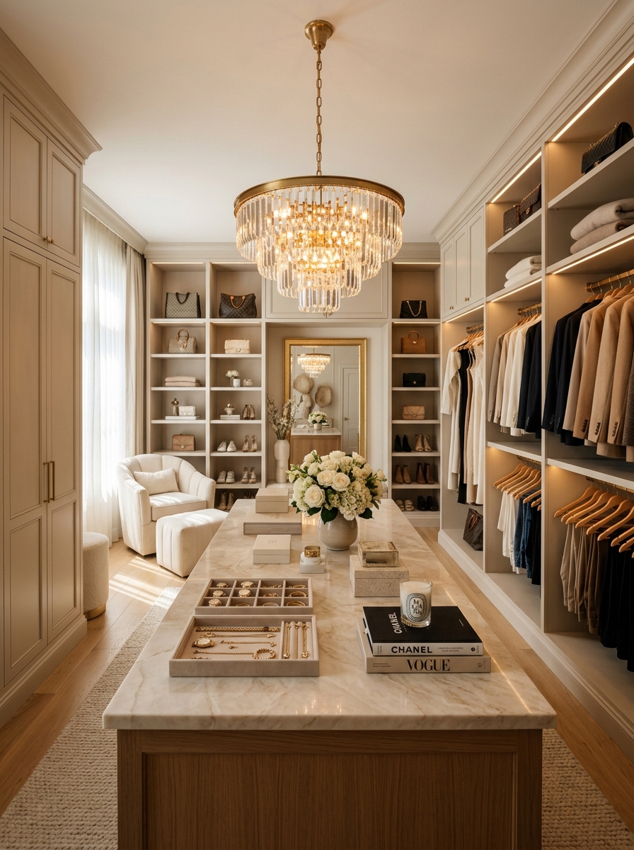 Neutral Luxury Closet with a Center Island