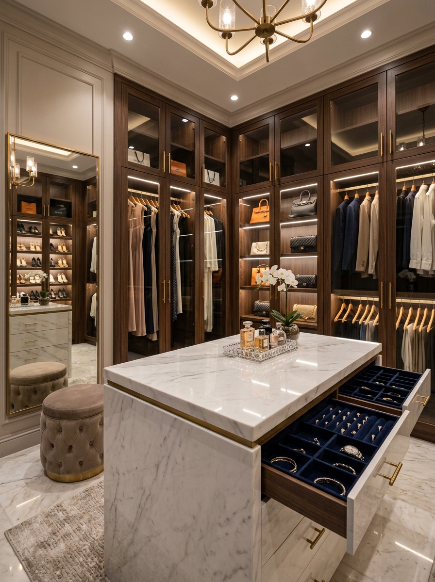 Luxury Walk-In Closet with a Marble Center Island