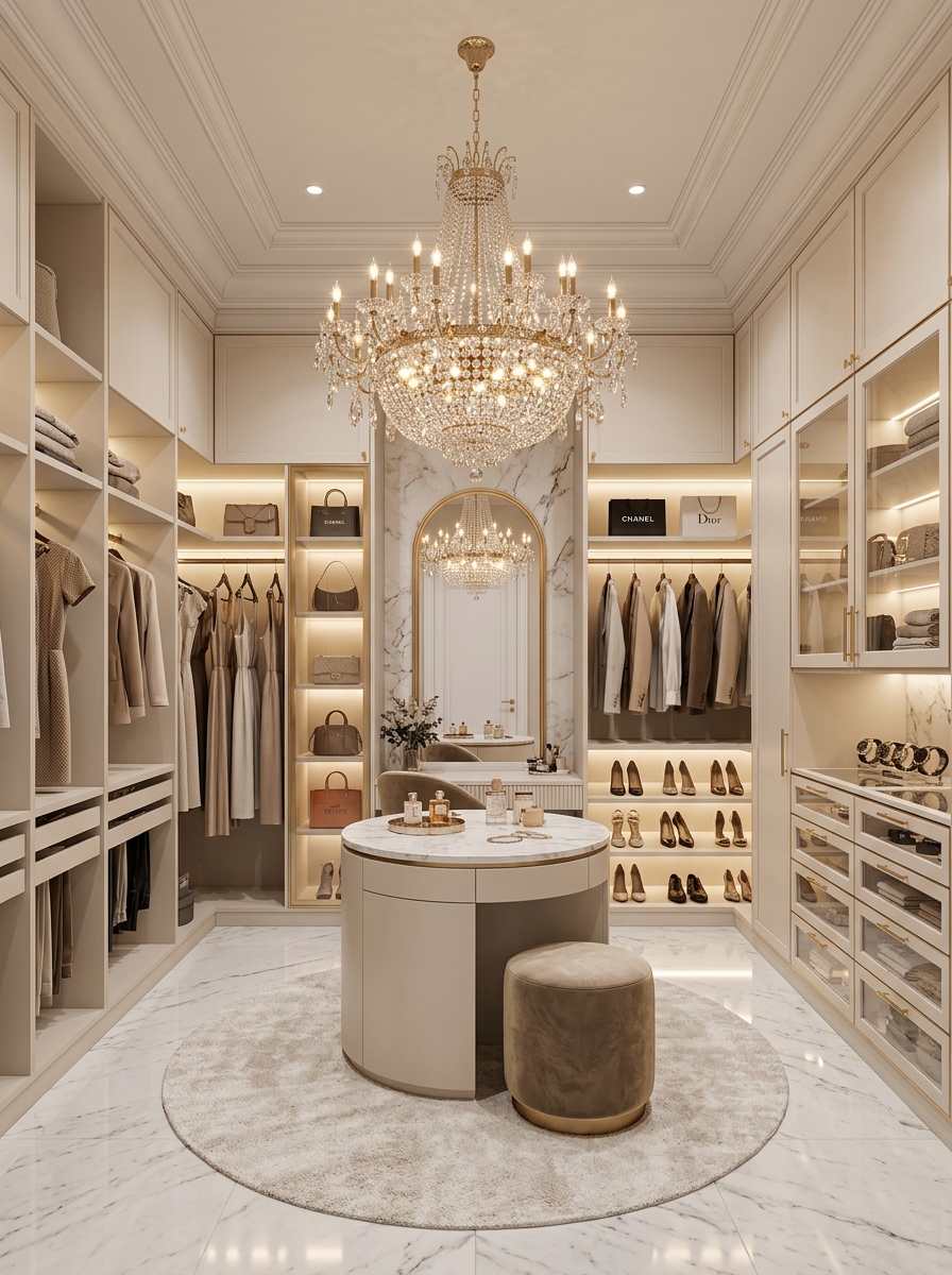 Closet with Statement Chandelier