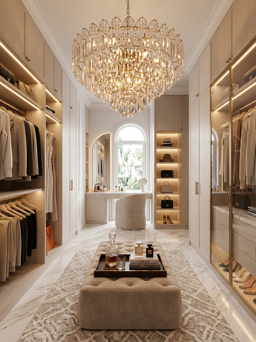 Closet with Statement Chandelier