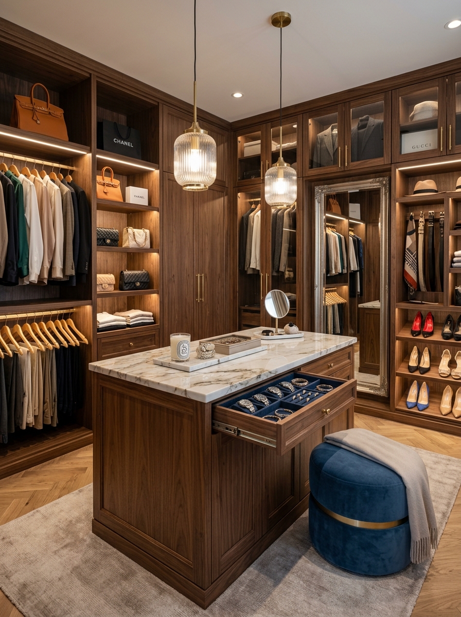 Luxury Closet with Central Island Organizer