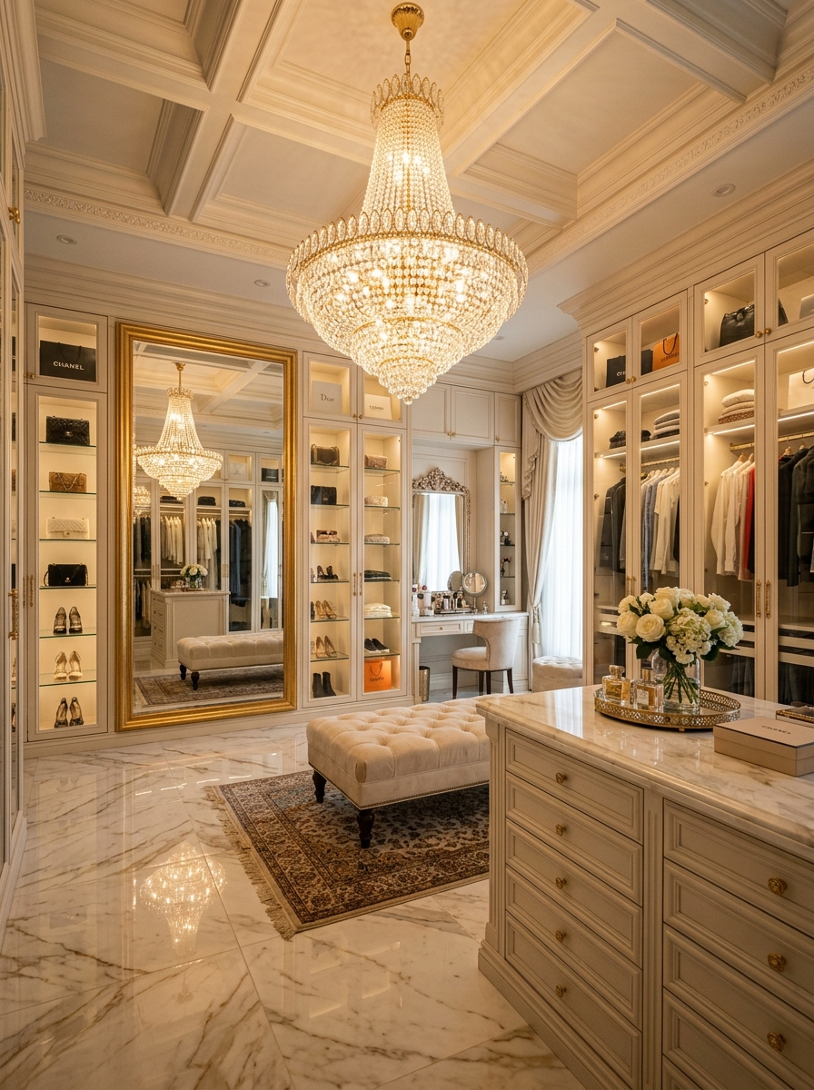 Walk-In Closet with Statement Chandelier