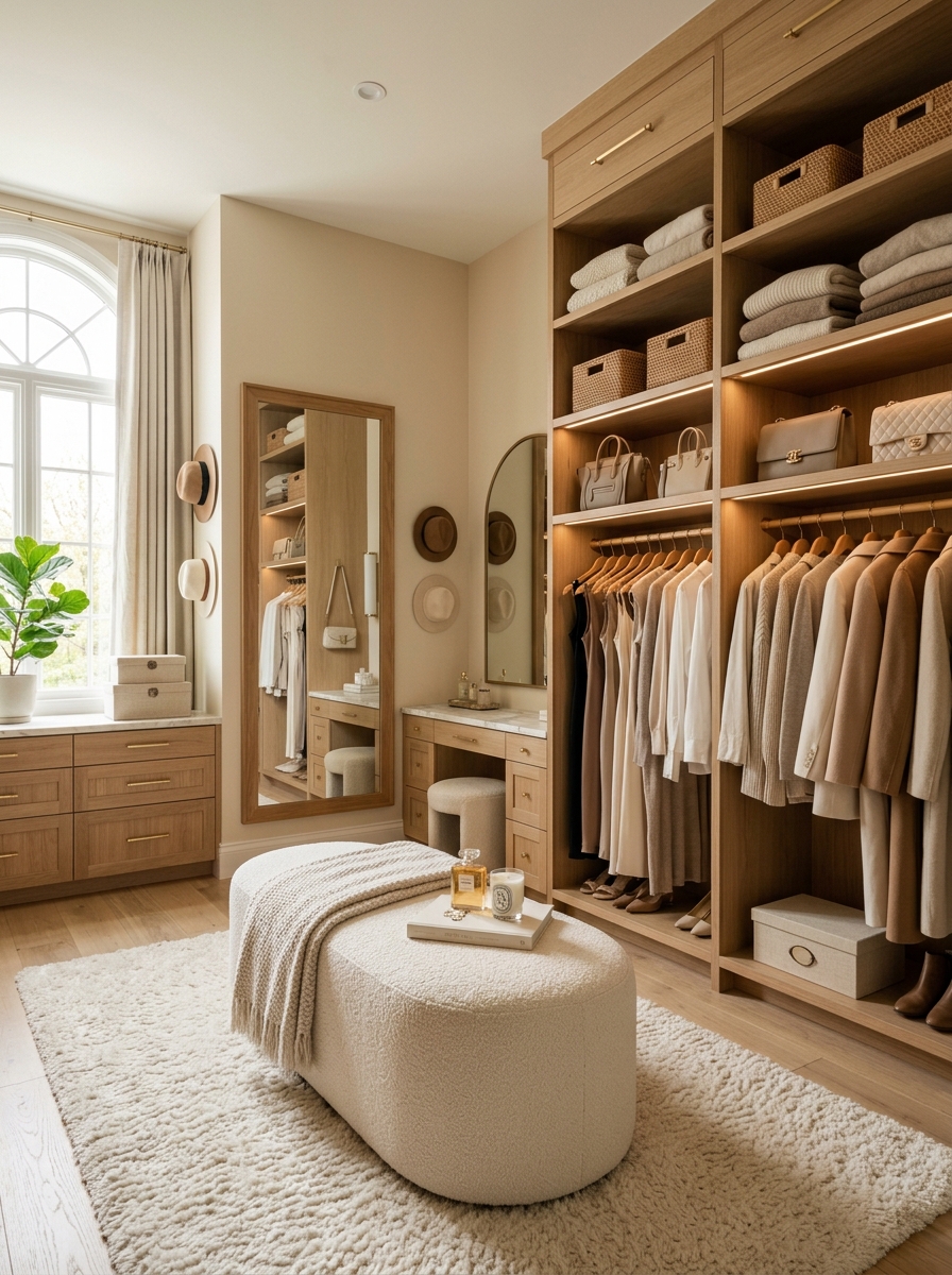 Soft Oak Walk-In Closet with Creamy Neutral Layers