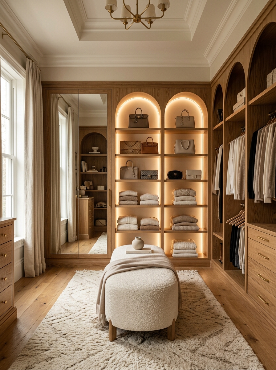 Luxury Neutral Closet with Arched Built-In Shelving