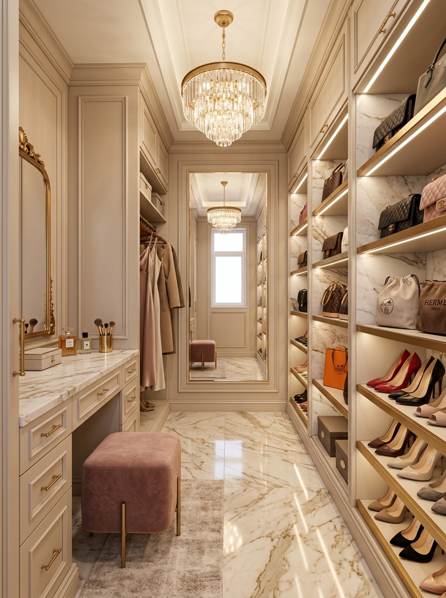 Luxury-Inspired Small Closet with Marble and Gold Finishes