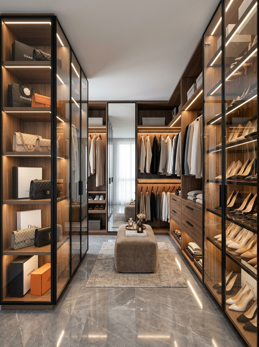 Glass-Door Modern Closet With Luxury Display Styling