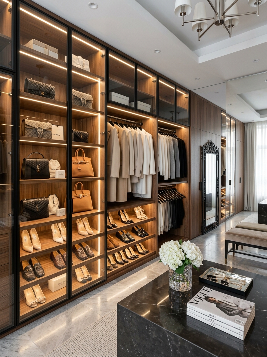 Glass-Door Modern Closet With Luxury Display Styling