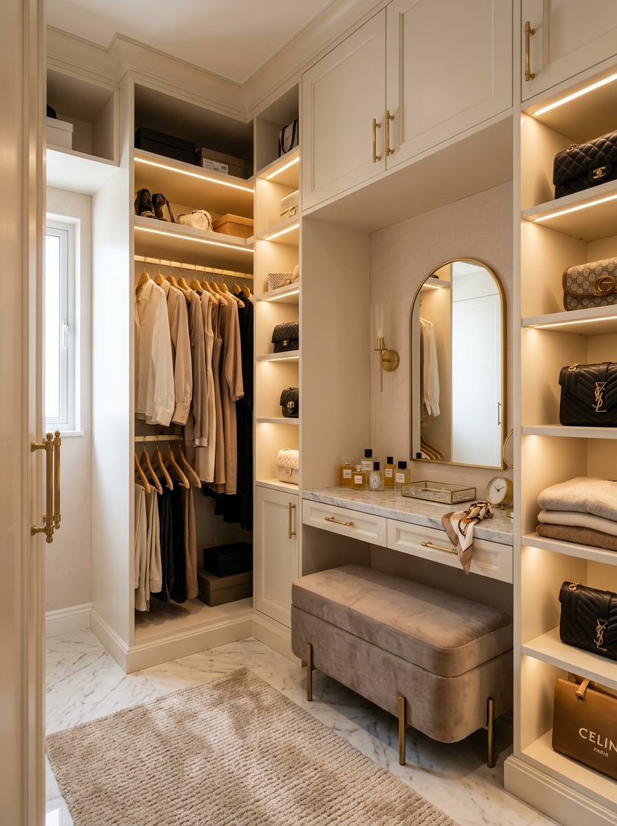 Soft Luxury Closet with Marble and Gold Details