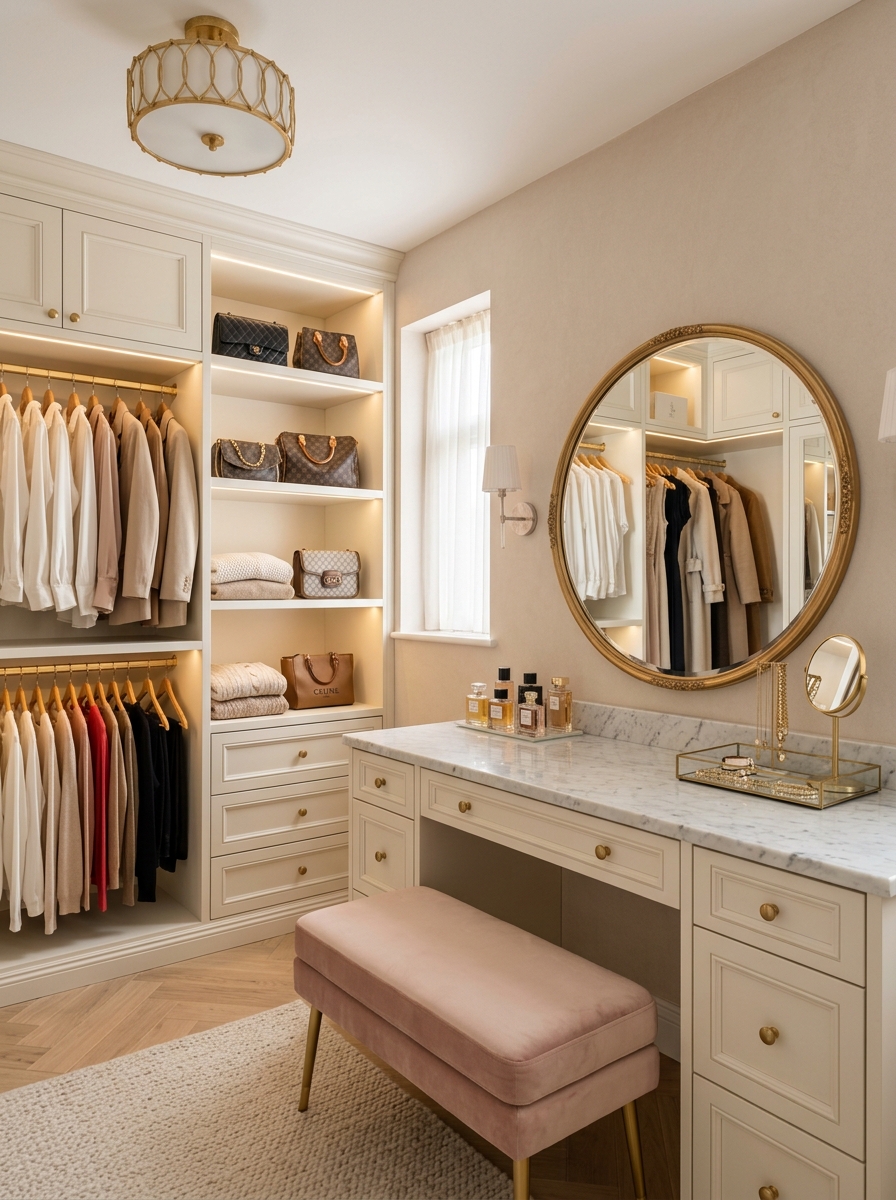 Soft Luxury Closet with Marble and Gold Details