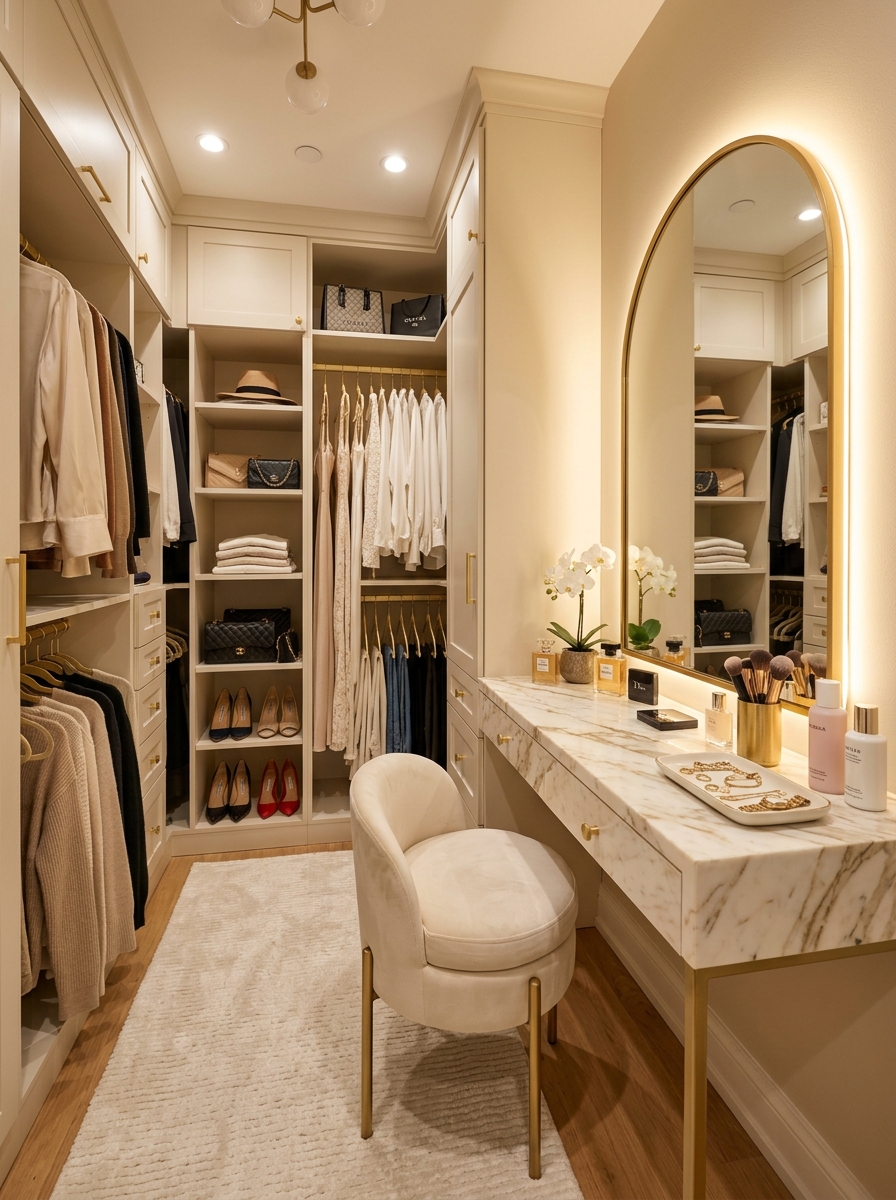 Luxury Closet with Built-In Vanity Corner