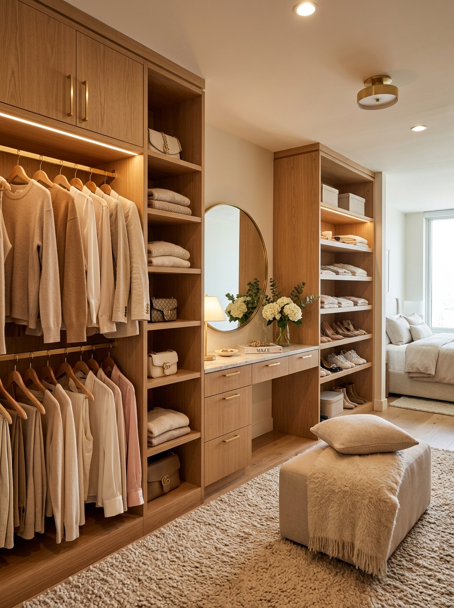 Warm Wood Accents That Soften Neutral Closets