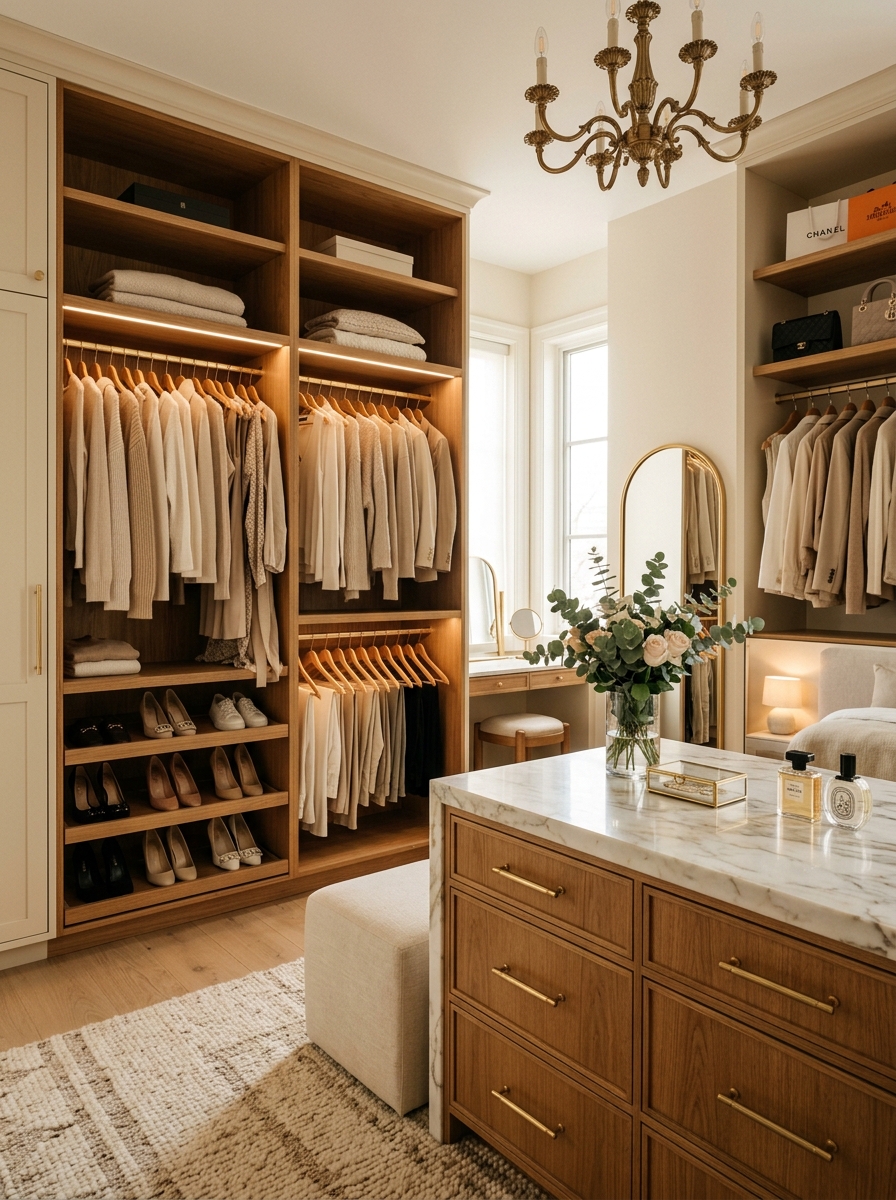 Warm Wood Accents That Soften Neutral Closets