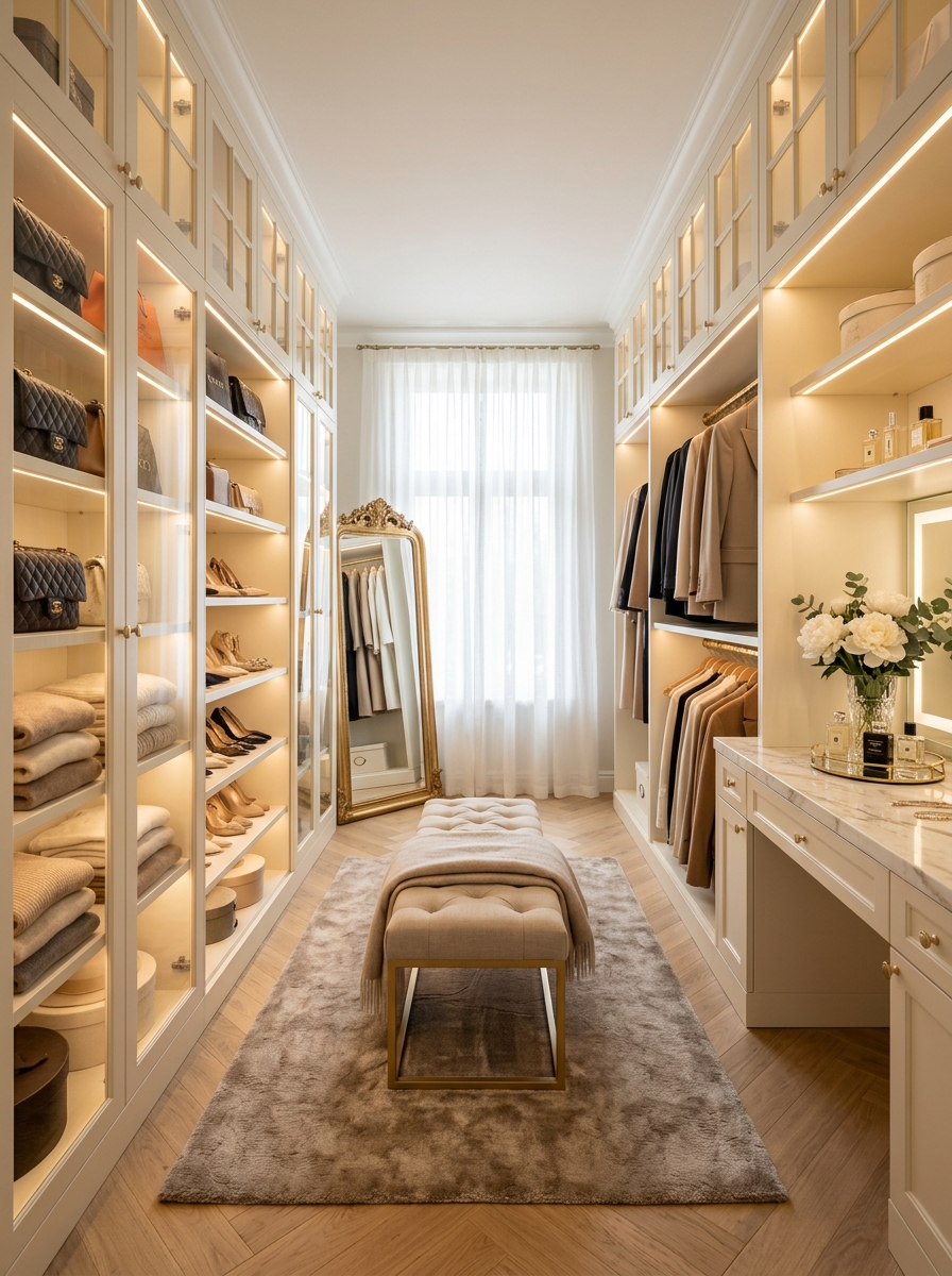 Soft Neutral Walk-In Closet With Glass Cabinet Doors