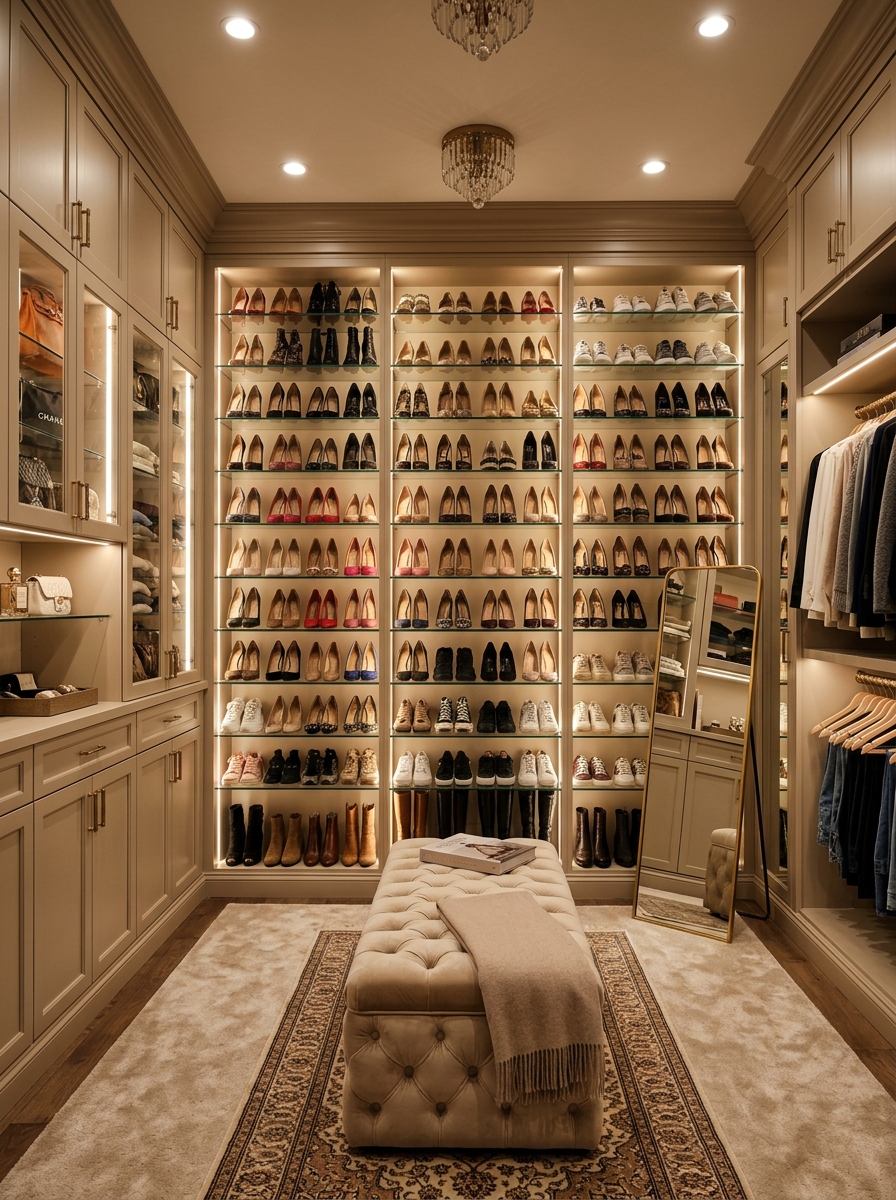 Luxe Walk-In Closet with Boutique Shoe Wall