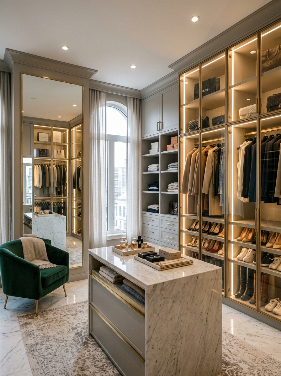 Luxe Walk-In Closet with Floor-to-Ceiling Glass Doors