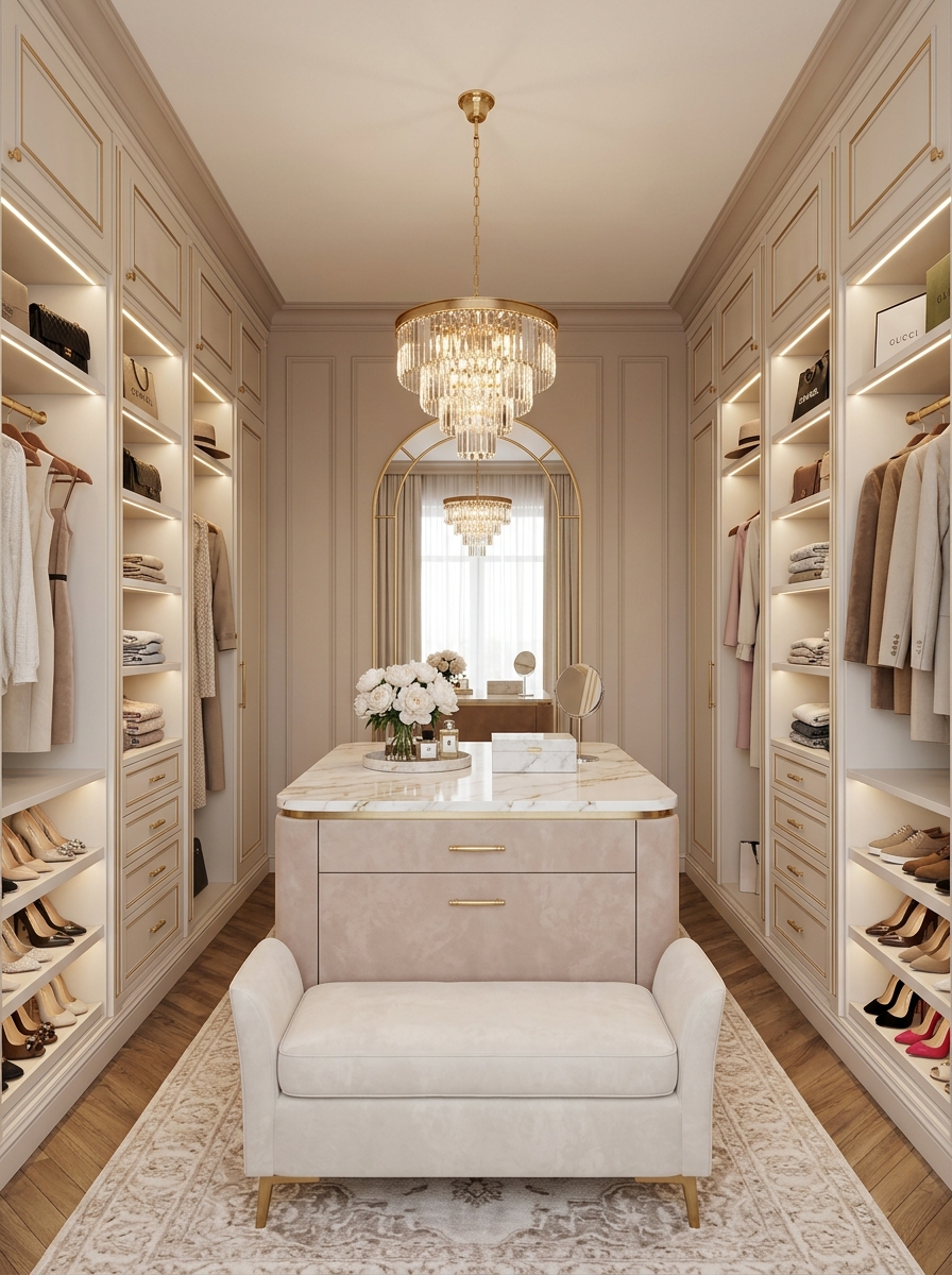 Elegant Dressing Center Island with Balanced Cabinets