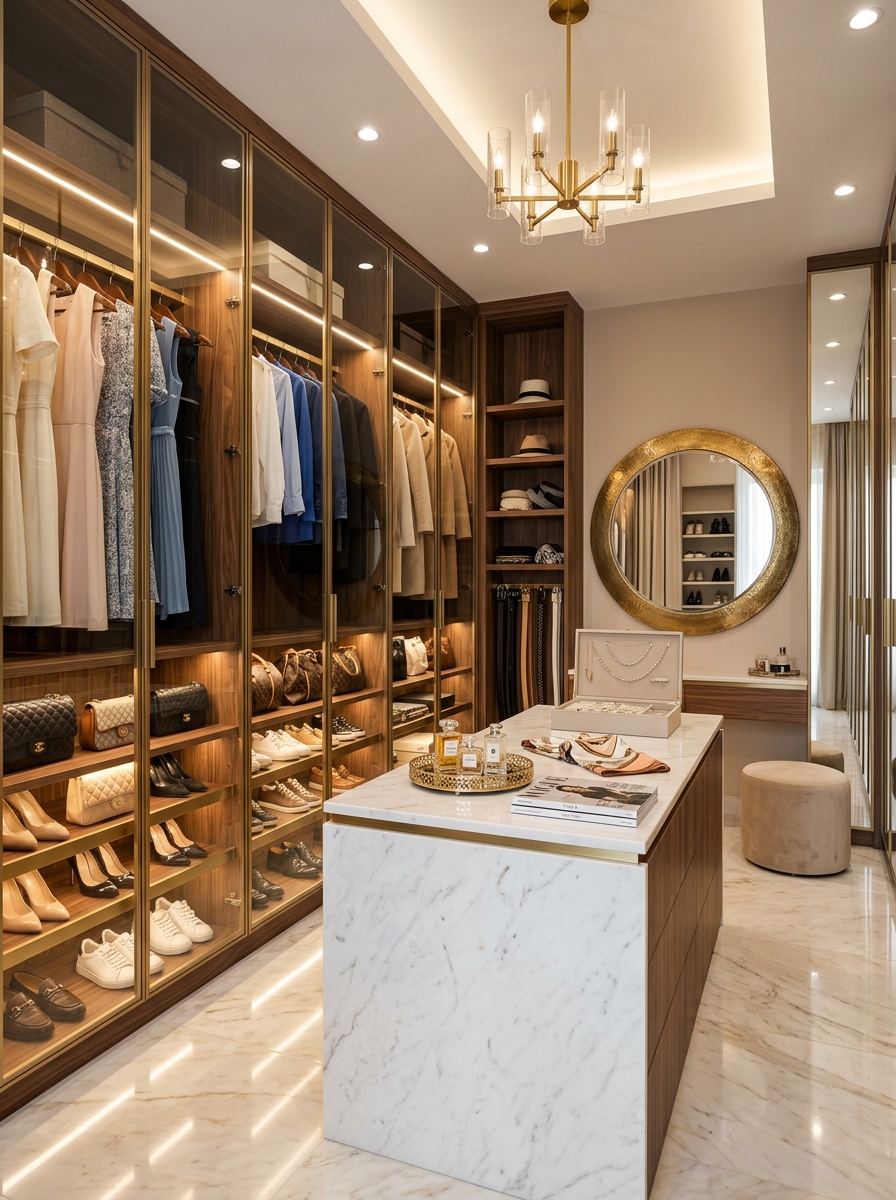 Boutique-Inspired Walk-In Closet with Glass Display Cabinets