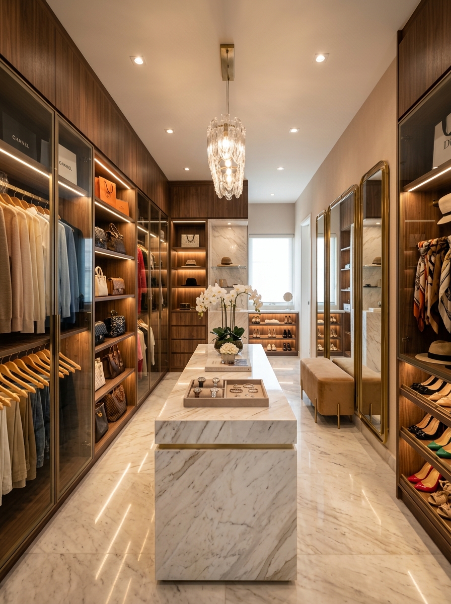 Boutique-Inspired Walk-In Closet with Glass Display Cabinets