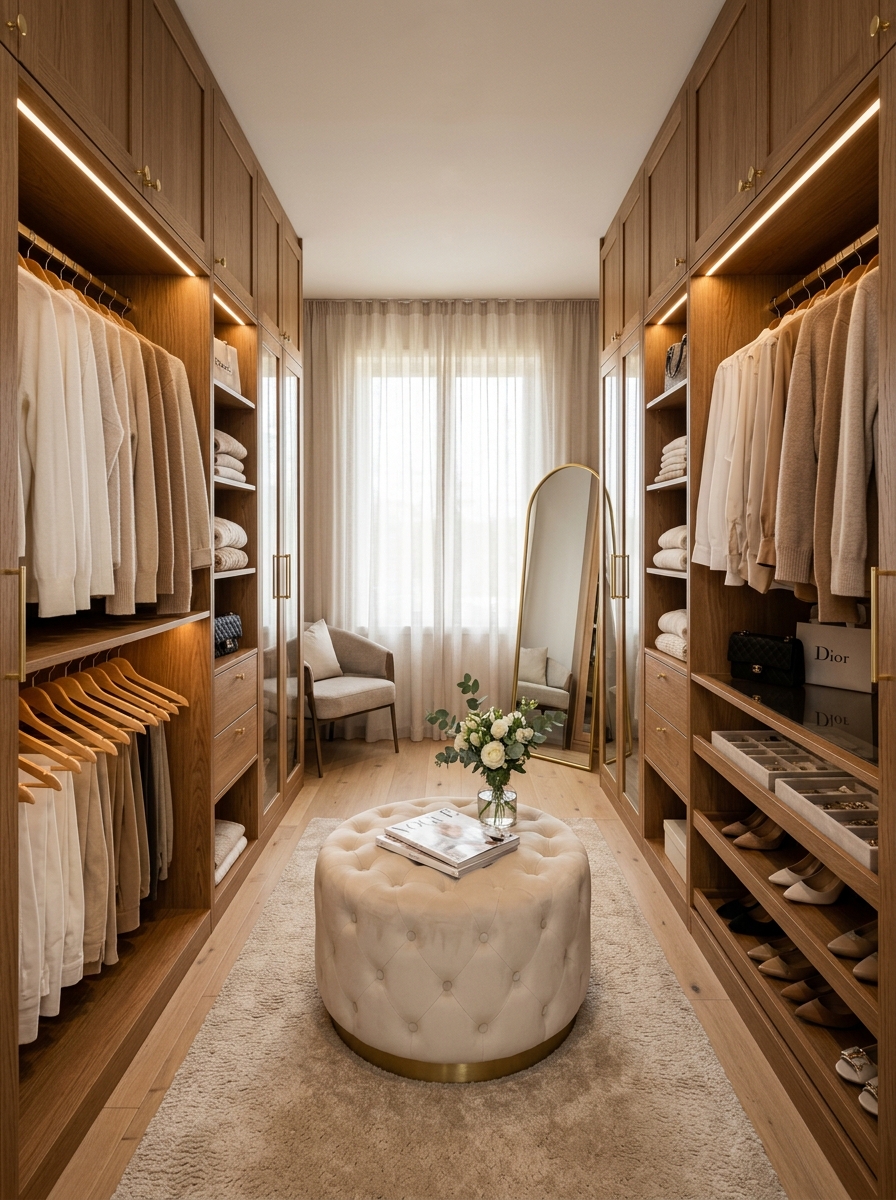 Warm Oak Walk-In Closet with Perfect Symmetry