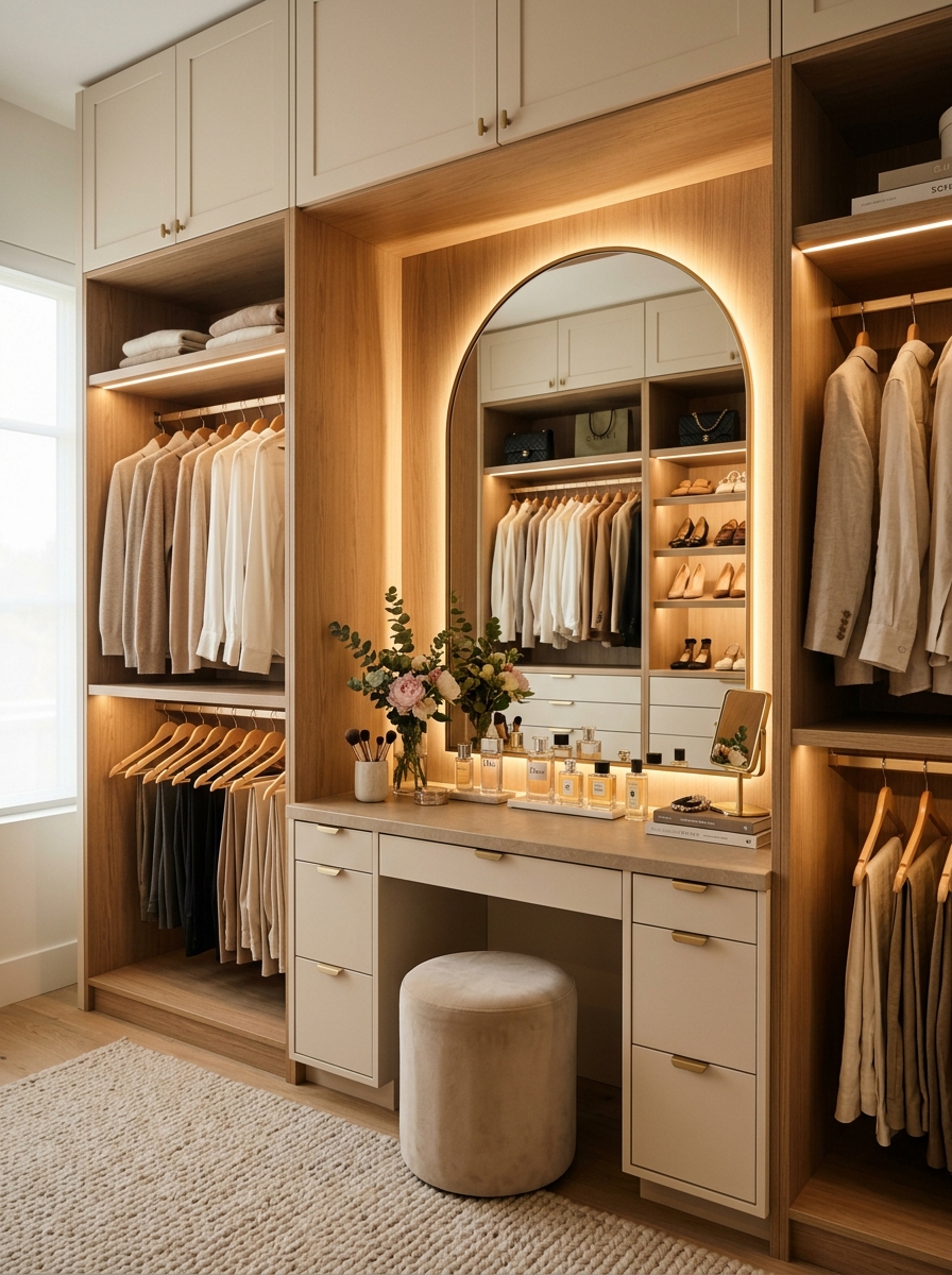 Warm Neutral Closet with Integrated Vanity & Dressing Corner